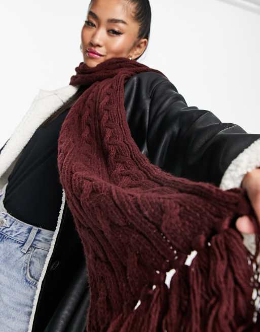 ASOS DESIGN polyester cable knit tassel scarf in burgundy ASOS