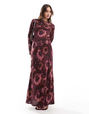 ASOS DESIGN polyester slash neck maxi dress in red blurred floral print