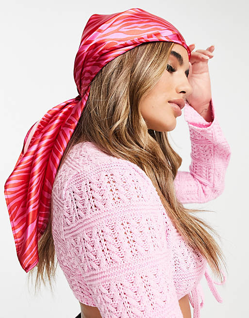 ASOS DESIGN polysatin large headscarf in red and pink zebra print
