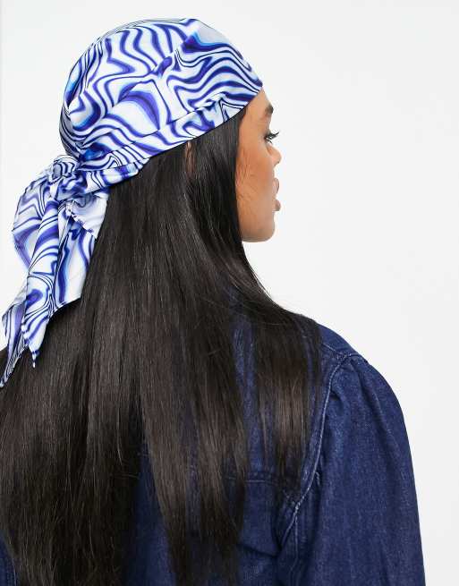 ASOS DESIGN polysatin medium headscarf in blue swirl print - MBLUE, 2 of 4