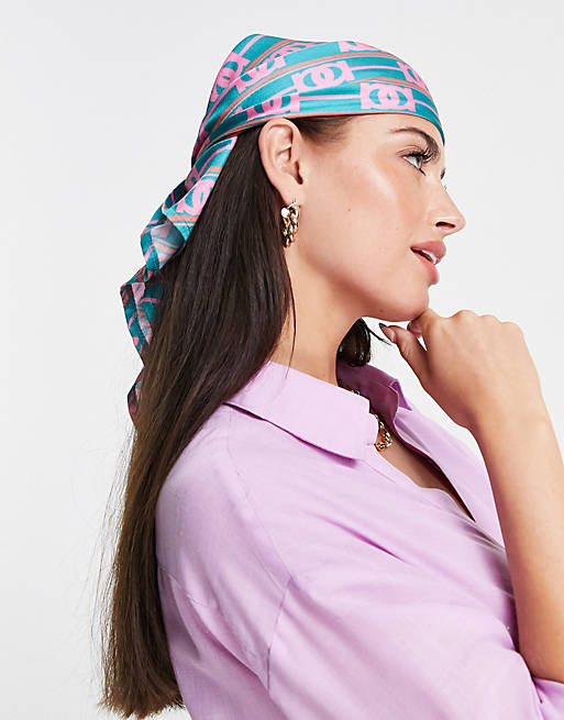 ASOS DESIGN polysatin medium headscarf in green and pink chain print