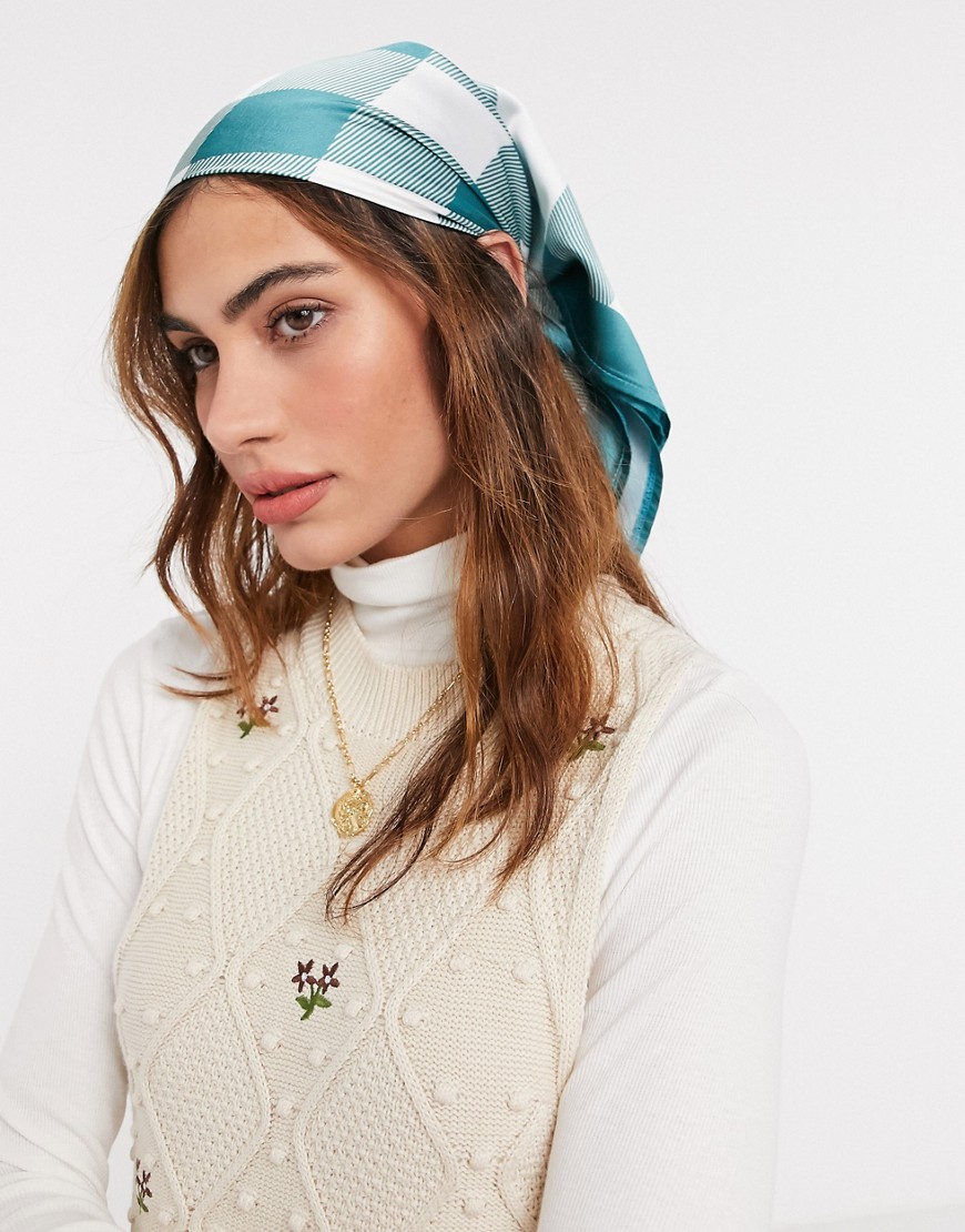 Asos Design Polysatin Medium Headscarf In Green Checkered Print-pink