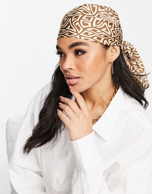 ASOS DESIGN polysatin medium headscarf in monogram print  - BROWN | ASOS