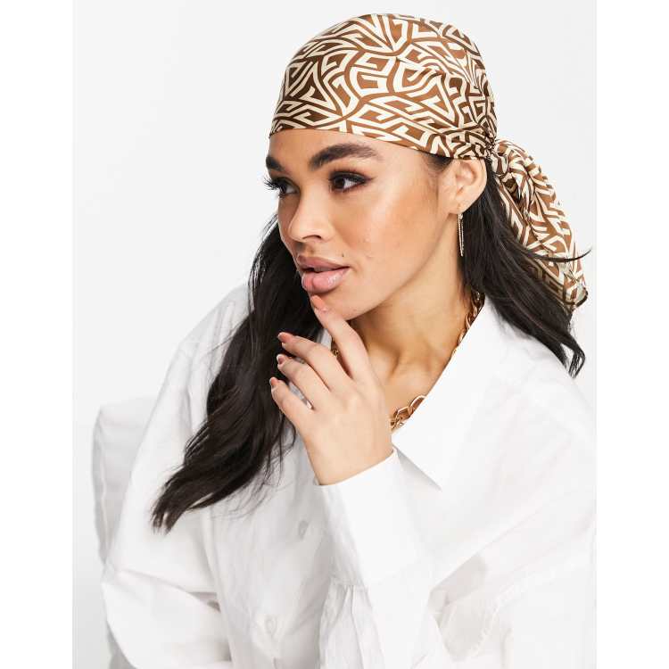 ASOS DESIGN polysatin medium headscarf in monogram print - BROWN