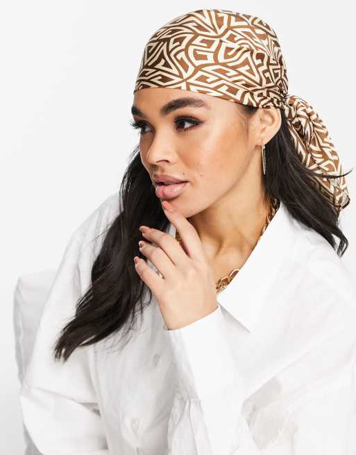 ASOS DESIGN polysatin medium headscarf in monogram print - BROWN