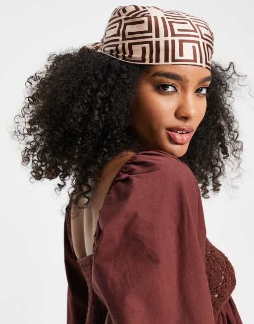 ASOS DESIGN polysatin medium headscarf in monogram print - BROWN