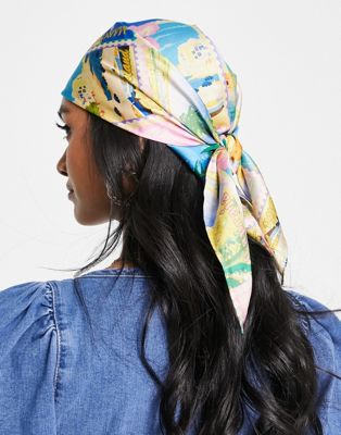 ASOS DESIGN polysatin medium headscarf in postcard print in multi - MULTI - ASOS Price Checker