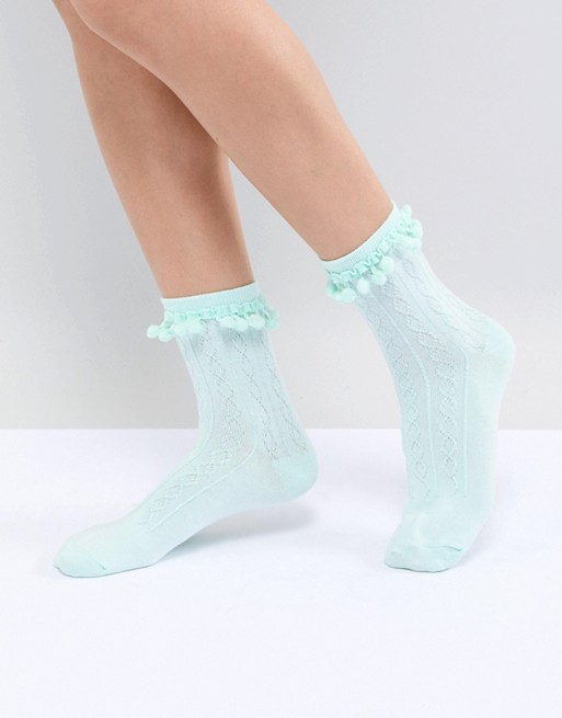 ASOS DESIGN Pom Pom Ankle Socks In Mint | ASOS
