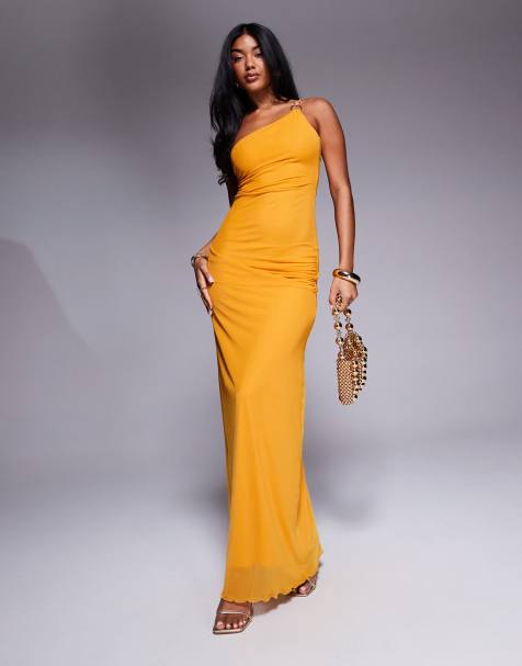 ASOS DESIGN asymmetric double strap with gold trim detail with ruching mesh maxi dress in orange