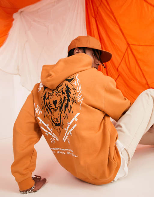 ASOS DESIGN – Pomarańczowa bluza oversize z kapturem i nadrukiem tygrysa na plecach