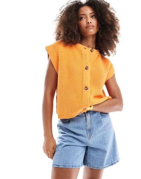 ASOS DESIGN boxy knitted stitch waistcoat with button detail in orange