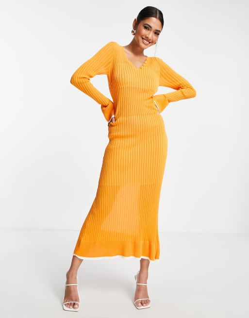 ASOS DESIGN – Pomarańczowa dzianinowa sukienka midi z marszczoną talią