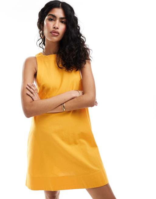 ASOS DESIGN – Pomarańczowa letnia sukienka mini nad kolano z domieszką lnu i zabudowanym dekoltem
