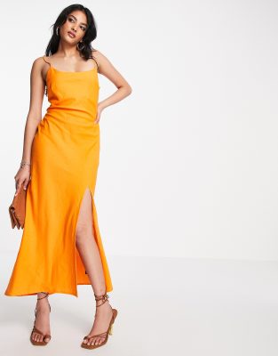 ASOS DESIGN – Pomarańczowa lniana sukienka letnia maxi na ramiączkach, z rozcięciem