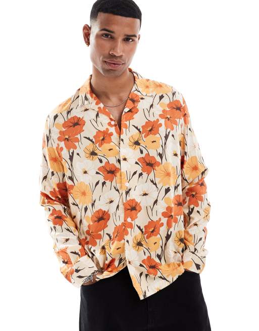 ASOS DESIGN – Pomarańczowa luźna koszula z kołnierzem kubańskim w kwiatowy wzór w stylu retro 
