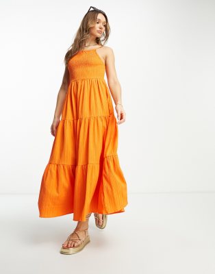 ASOS DESIGN – Pomarańczowa marszczona sukienka letnia maxi z kwadratowym dekoltem