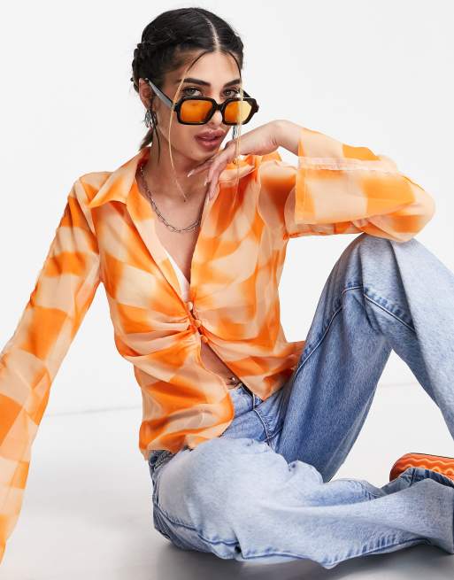 ASOS DESIGN – Pomarańczowa prześwitująca koszula o dopasowanym kroju w szachownicę z postrzępionymi szwami i marszczeniem