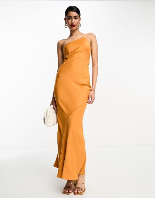 ASOS DESIGN – Pomarańczowa satynowa sukienka maxi na jedno ramię z wycięciem z elastycznym paskiem