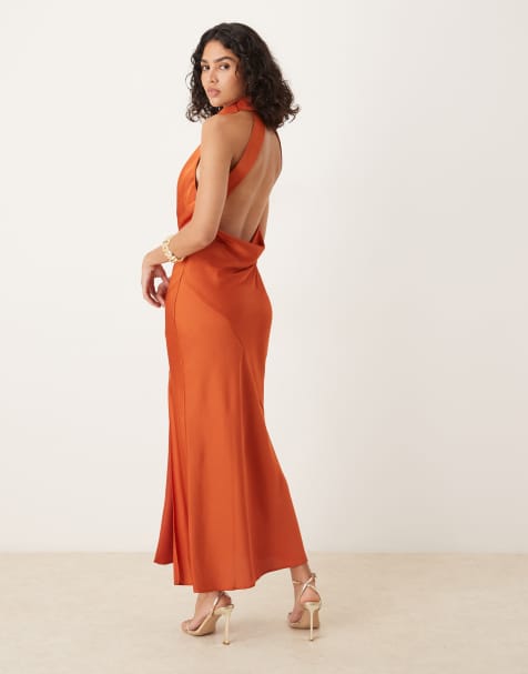 ASOS DESIGN satin halterneck maxi dress with cowl back detail in rust