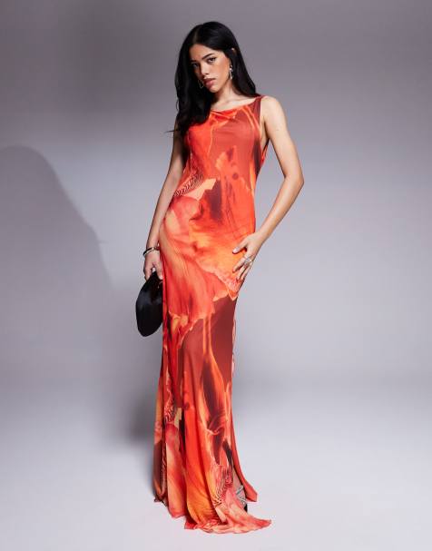 ASOS DESIGN deep cowl with twisted strap mesh maxi dress in orange print
