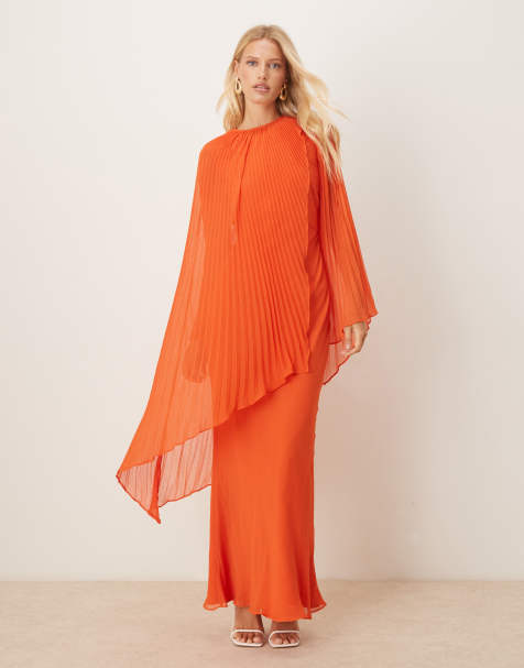 ASOS DESIGN – Pomarańczowa sukienka maxi cięta ze skosu z plisami i obszernymi rękawami - view 1