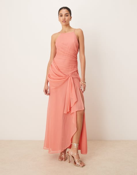 ASOS DESIGN racer strappy maxi dress with draped skirt in terracotta 