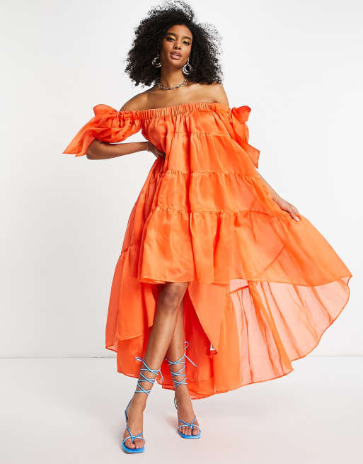 ASOS DESIGN – Pomarańczowa sukienka maxi z woalu z odsłoniętymi ramionami