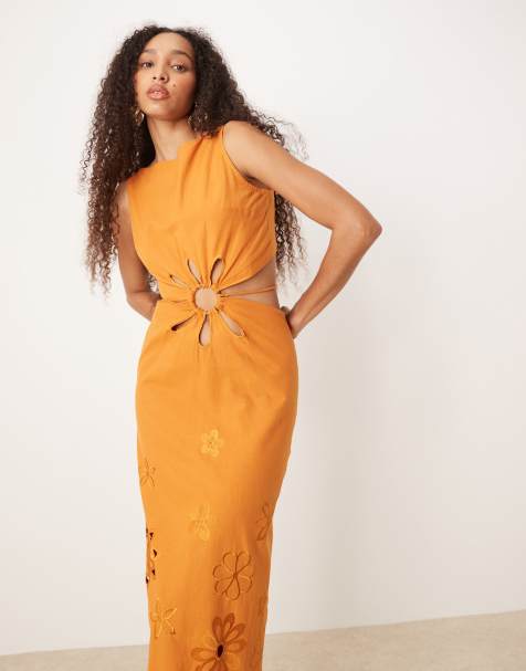 ASOS DESIGN – Pomarańczowa sukienka maxi z wycięciem i kwiatowym haftem - view 1