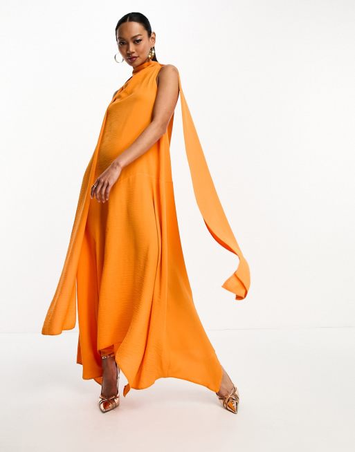ASOS DESIGN – Pomarańczowa sukienka midi bez rękawów z drapowanym dekoltem i ozdobną szarfą