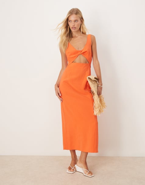 ASOS DESIGN – Pomarańczowa sukienka midi na ramiączkach ze skręconym dekoltem i wycięciem - view 1