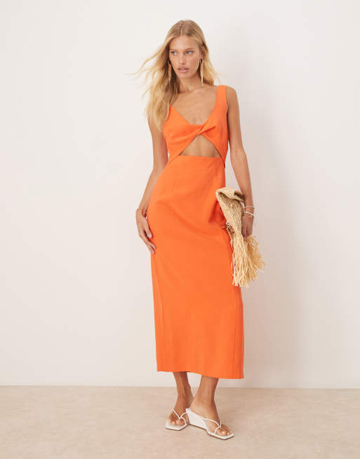 ASOS DESIGN – Pomarańczowa sukienka midi na ramiączkach ze skręconym dekoltem i wycięciem