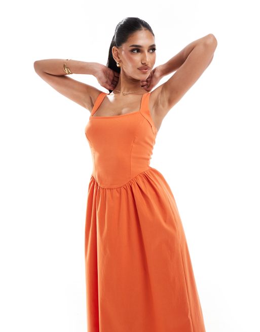 ASOS DESIGN – Pomarańczowa sukienka midi z bengaliny z kwadratowym dekoltem i pełną spódnicą w stylu lat 90.