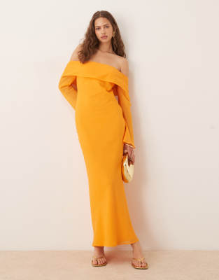 ASOS DESIGN – Pomarańczowa sukienka midi z wywijanym dekoltem bardot - view 1