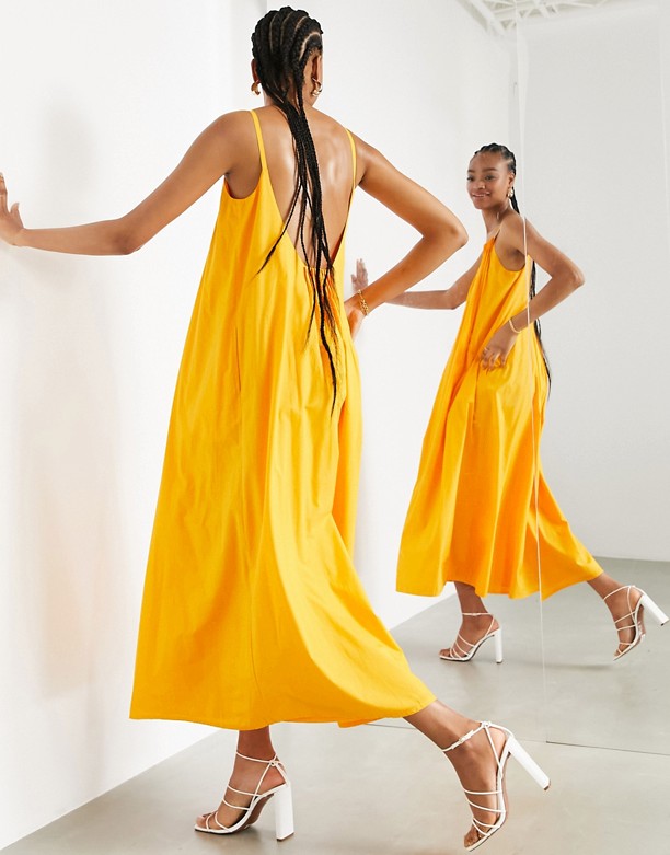  Najlepsza ASOS DESIGN – Pomarańczowa trapezowa sukienka bawełniana maxi z plisowanym dekoltem Bright orange