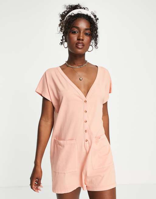 ASOS DESIGN – Pomarańczowy krótki kombinezon oversize z efektem sprania i zapięciem na guziki