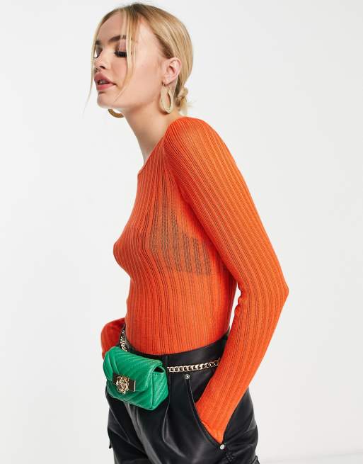 ASOS DESIGN – Pomarańczowy sweter z okrągłym dekoltem z prześwitującej prążkowanej przędzy