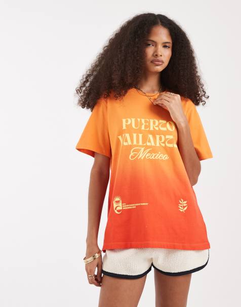 ASOS DESIGN – Pomarańczowy T-shirt o pudełkowym kroju z dekoltem w szpic i haftem „Puerto Vallarta” z efektem ombre - view 1