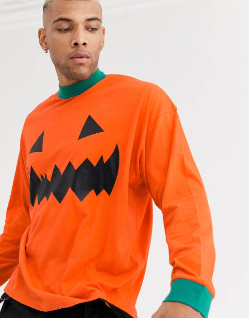 ASOS DESIGN – Pomarańczowy t-shirt oversize z długim rękawem z nadrukiem z motywem halloweenowym dyni