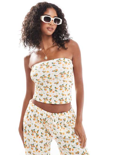 ASOS DESIGN – Pomarańczowy top z dekoltem bandeau o waflowej strukturze we wzór w owoce, część zestawu