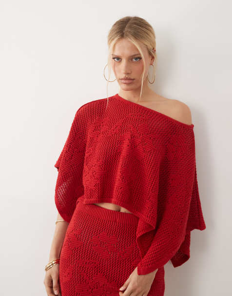 ASOS DESIGN – Poncho aus Strick in Rot mit Blumenmuster, Kombiteil - view 1