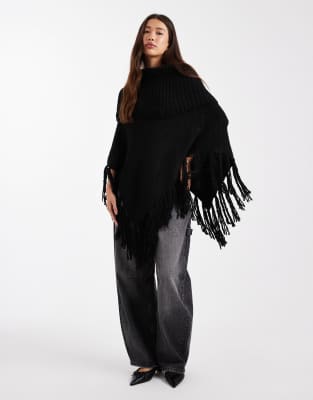 ASOS DESIGN - Poncho en maille à franges - Noir-Brown