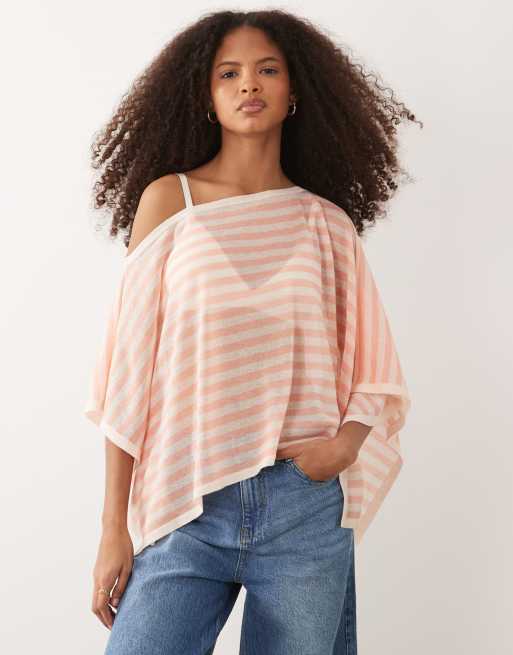 ASOS DESIGN - Poncho in maglia sottile trasparente color pesca a righe