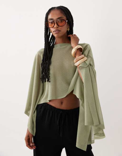 ASOS DESIGN - Poncho in maglia sottile trasparente kaki, 2 di 4