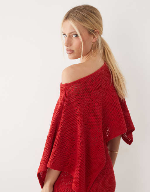 ASOS DESIGN - Poncho rojo de encaje floral de punto (parte de un conjunto), 4 de 4