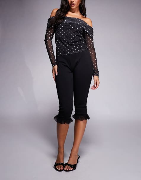 ASOS DESIGN ponte capri pant with mesh ruffle detail in black  - view 1