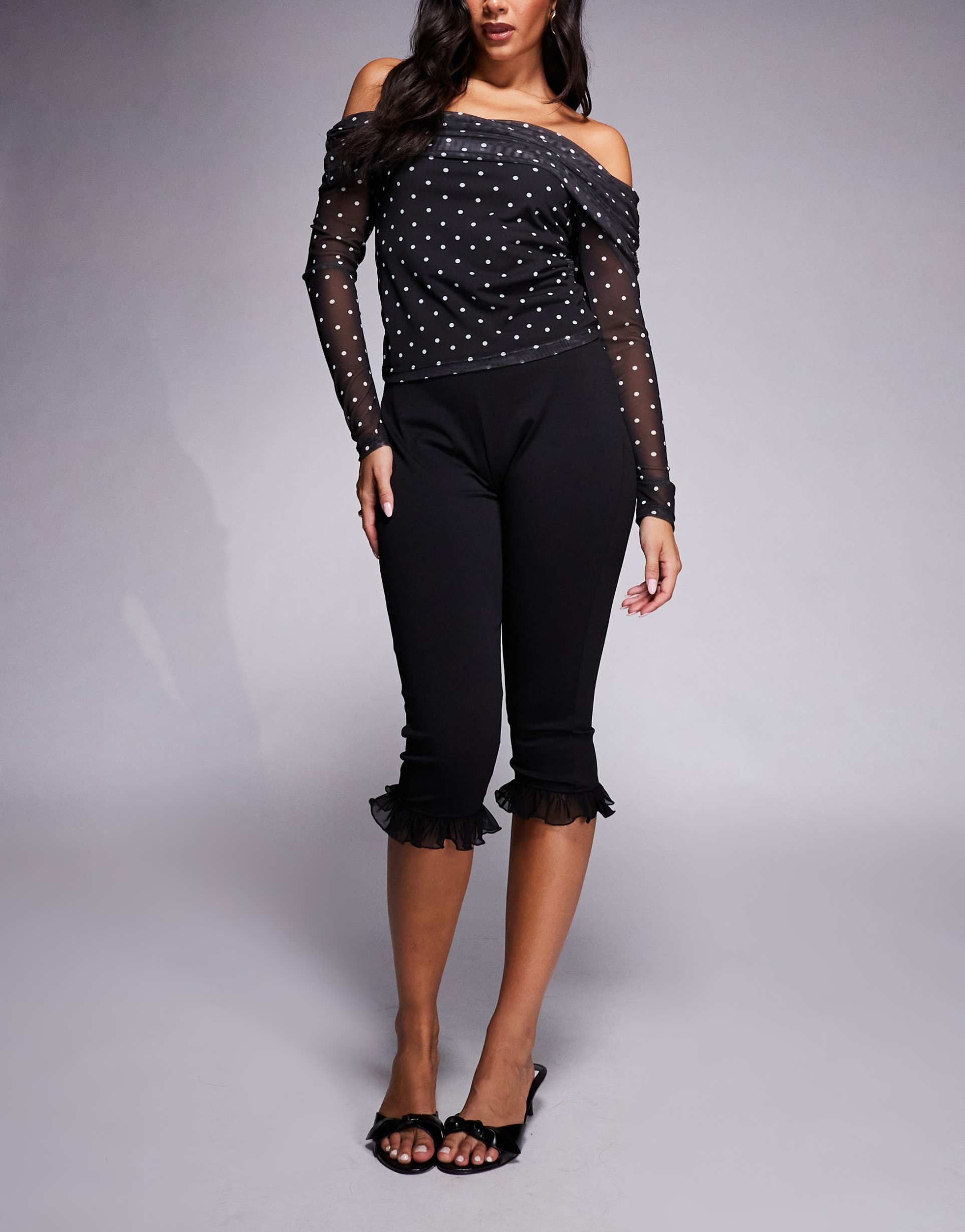 asos design ponte capri pants with mesh ruffle detail in black