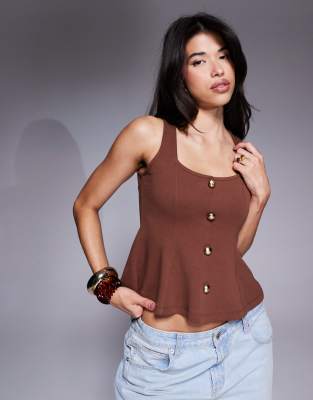 Asos Design Ponte Cinch Waist Square Neck Button Down Top In Brown