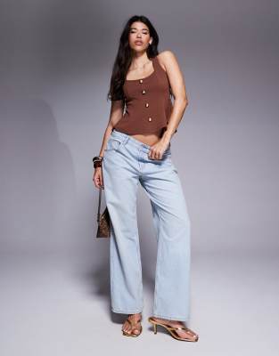 Asos Design Ponte Cinch Waist Square Neck Button Down Top In Brown