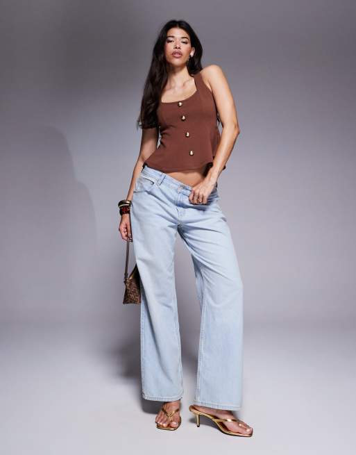 ASOS DESIGN ponte cinch waist square neck button down top in chocolate, 2 of 4