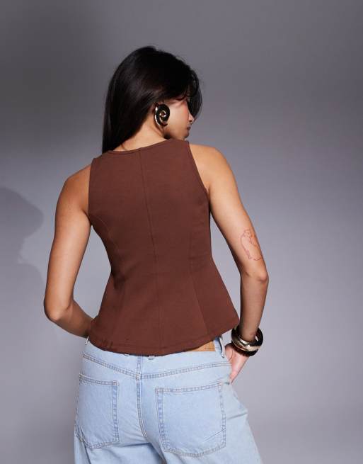 ASOS DESIGN ponte cinch waist square neck button down top in chocolate, 4 of 4